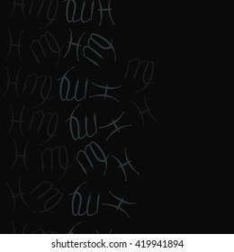 Seamless  vertical pattern of zodiac signs, doodles, object,pisces,virgo, copy space. Hand drawn.