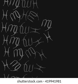 Seamless  vertical pattern of zodiac signs, doodles, object,pisces,virgo, copy space. Hand drawn.