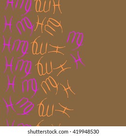 Seamless  vertical pattern of zodiac signs, doodles, object,pisces,virgo, copy space. Hand drawn.