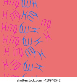 Seamless  vertical pattern of zodiac signs, doodles, object,pisces,virgo, copy space. Hand drawn.