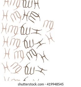 Seamless  vertical pattern of zodiac signs, doodles, object,pisces,virgo, copy space. Hand drawn.