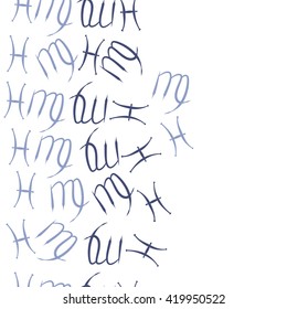 Seamless  vertical pattern of zodiac signs, doodles, object,pisces,virgo, copy space. Hand drawn.