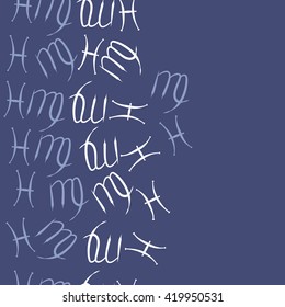 Seamless  vertical pattern of zodiac signs, doodles, object,pisces,virgo, copy space. Hand drawn.