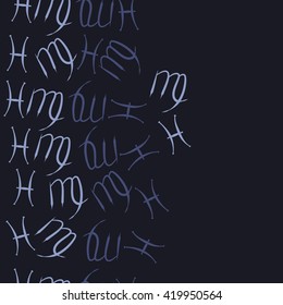 Seamless  vertical pattern of zodiac signs, doodles, object,pisces,virgo, copy space. Hand drawn.
