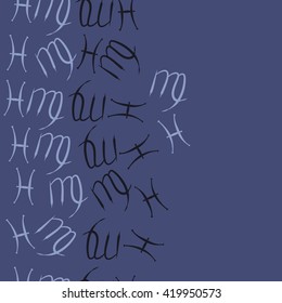 Seamless  vertical pattern of zodiac signs, doodles, object,pisces,virgo, copy space. Hand drawn.