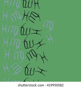 Seamless  vertical pattern of zodiac signs, doodles, object,pisces,virgo, copy space. Hand drawn.