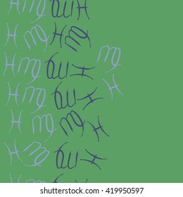 Seamless  vertical pattern of zodiac signs, doodles, object,pisces,virgo, copy space. Hand drawn.