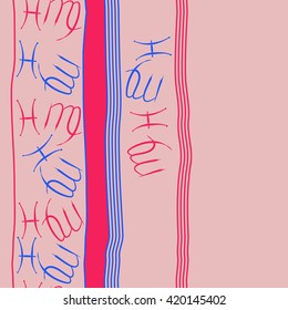 Seamless vertical pattern of zodiac signs, doodles, object,pisces,virgo,stripes, spot, copy space. Hand drawn.