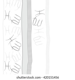 Seamless vertical pattern of zodiac signs, doodles, object,pisces,virgo,stripes, spot, copy space. Hand drawn.