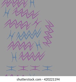 Seamless vertical pattern of zodiac signs, doodles, object,pisces,aquarius, copy space. Hand drawn.