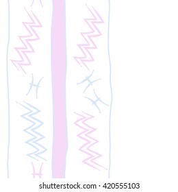 Seamless vertical pattern  of zodiac signs, doodles, object,pisces,aquarius, stripes, spot, copy space. Hand drawn.