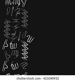 Seamless vertical  pattern  of zodiac signs, doodles, object, pisces, aquarius, capricorn, virgo, sagittarius, scorpio,  libra, lion, copy space. Hand drawn.