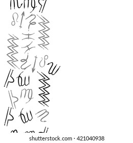 Seamless vertical  pattern  of zodiac signs, doodles, object, pisces, aquarius, capricorn, virgo, sagittarius, scorpio,  libra, lion, copy space. Hand drawn.