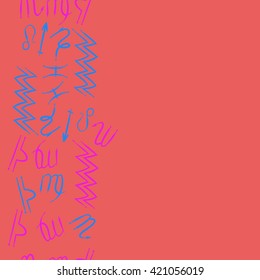 Seamless vertical  pattern  of zodiac signs, doodles, object, pisces, aquarius, capricorn, virgo, sagittarius, scorpio,  libra, lion, copy space. Hand drawn.