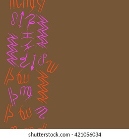 Seamless vertical  pattern  of zodiac signs, doodles, object, pisces, aquarius, capricorn, virgo, sagittarius, scorpio,  libra, lion, copy space. Hand drawn.
