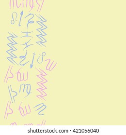 Seamless vertical  pattern  of zodiac signs, doodles, object, pisces, aquarius, capricorn, virgo, sagittarius, scorpio,  libra, lion, copy space. Hand drawn.