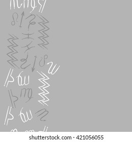 Seamless vertical  pattern  of zodiac signs, doodles, object, pisces, aquarius, capricorn, virgo, sagittarius, scorpio,  libra, lion, copy space. Hand drawn.