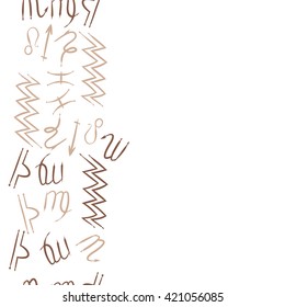 Seamless vertical  pattern  of zodiac signs, doodles, object, pisces, aquarius, capricorn, virgo, sagittarius, scorpio,  libra, lion, copy space. Hand drawn.