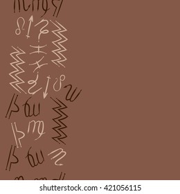 Seamless vertical  pattern  of zodiac signs, doodles, object, pisces, aquarius, capricorn, virgo, sagittarius, scorpio,  libra, lion, copy space. Hand drawn.