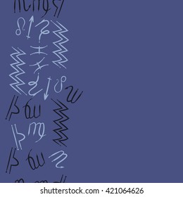 Seamless vertical  pattern  of zodiac signs, doodles, object, pisces, aquarius, capricorn, virgo, sagittarius, scorpio,  libra, lion, copy space. Hand drawn.
