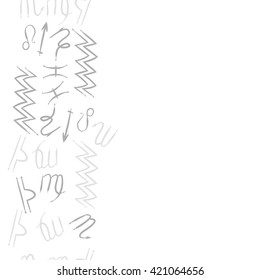 Seamless vertical  pattern  of zodiac signs, doodles, object, pisces, aquarius, capricorn, virgo, sagittarius, scorpio,  libra, lion, copy space. Hand drawn.
