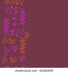 Seamless vertical  pattern  of zodiac signs, doodles, object, pisces, aquarius, capricorn, virgo, sagittarius, scorpio,  libra, lion, copy space. Hand drawn.