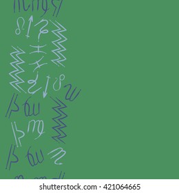Seamless vertical  pattern  of zodiac signs, doodles, object, pisces, aquarius, capricorn, virgo, sagittarius, scorpio,  libra, lion, copy space. Hand drawn.