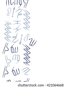 Seamless vertical  pattern  of zodiac signs, doodles, object, pisces, aquarius, capricorn, virgo, sagittarius, scorpio,  libra, lion, copy space. Hand drawn.