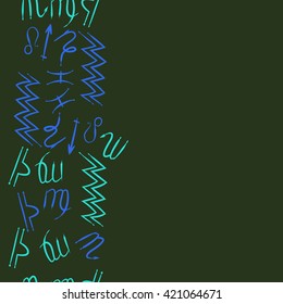 Seamless vertical  pattern  of zodiac signs, doodles, object, pisces, aquarius, capricorn, virgo, sagittarius, scorpio,  libra, lion, copy space. Hand drawn.