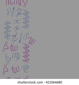 Seamless vertical  pattern  of zodiac signs, doodles, object, pisces, aquarius, capricorn, virgo, sagittarius, scorpio,  libra, lion, copy space. Hand drawn.