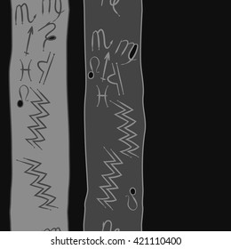 Seamless vertical  pattern  of zodiac signs, doodles, object, pisces, aquarius, capricorn, virgo, sagittarius, scorpio,  libra, lion,stripes, spots, copy space. Hand drawn.
