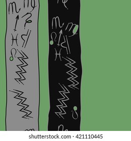 Seamless vertical  pattern  of zodiac signs, doodles, object, pisces, aquarius, capricorn, virgo, sagittarius, scorpio,  libra, lion,stripes, spots, copy space. Hand drawn.
