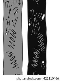 Seamless vertical  pattern  of zodiac signs, doodles, object, pisces, aquarius, capricorn, virgo, sagittarius, scorpio,  libra, lion,stripes, spots, copy space. Hand drawn.