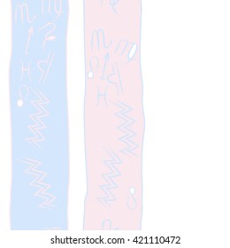 Seamless vertical  pattern  of zodiac signs, doodles, object, pisces, aquarius, capricorn, virgo, sagittarius, scorpio,  libra, lion,stripes, spots, copy space. Hand drawn.