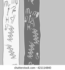 Seamless vertical  pattern  of zodiac signs, doodles, object, pisces, aquarius, capricorn, virgo, sagittarius, scorpio,  libra, lion,stripes, spots, copy space. Hand drawn.