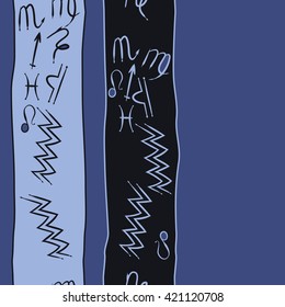 Seamless vertical  pattern  of zodiac signs, doodles, object, pisces, aquarius, capricorn, virgo, sagittarius, scorpio,  libra, lion,stripes, spots, copy space. Hand drawn.