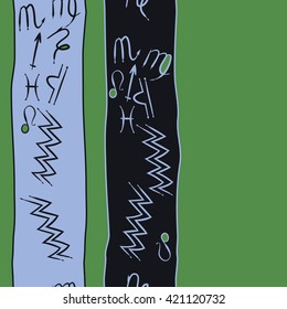 Seamless vertical  pattern  of zodiac signs, doodles, object, pisces, aquarius, capricorn, virgo, sagittarius, scorpio,  libra, lion,stripes, spots, copy space. Hand drawn.