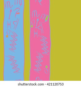 Seamless vertical  pattern  of zodiac signs, doodles, object, pisces, aquarius, capricorn, virgo, sagittarius, scorpio,  libra, lion,stripes, spots, copy space. Hand drawn.