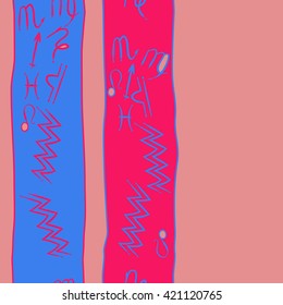 Seamless vertical  pattern  of zodiac signs, doodles, object, pisces, aquarius, capricorn, virgo, sagittarius, scorpio,  libra, lion,stripes, spots, copy space. Hand drawn.