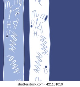 Seamless vertical  pattern  of zodiac signs, doodles, object, pisces, aquarius, capricorn, virgo, sagittarius, scorpio,  libra, lion,stripes, spots, copy space. Hand drawn.