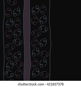 Seamless vertical  pattern  of zodiac signs, doodles, object,cancer, stripes, spot, copy space. Hand drawn.