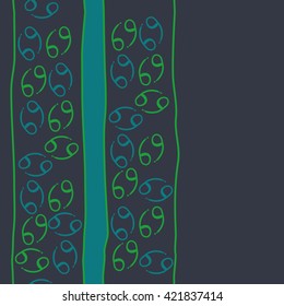 Seamless vertical  pattern  of zodiac signs, doodles, object,cancer, stripes, spot, copy space. Hand drawn.