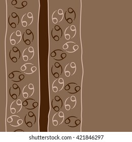 Seamless vertical  pattern  of zodiac signs, doodles, object,cancer, stripes, spot, copy space. Hand drawn.