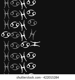 Seamless   vertical pattern  of zodiac signs, doodles, object,cancer, pisces, copy space. Hand drawn.