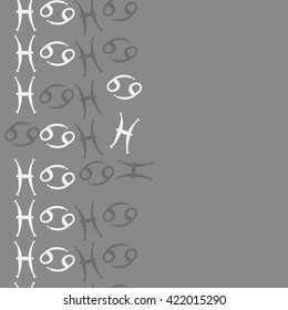 Seamless   vertical pattern  of zodiac signs, doodles, object,cancer, pisces, copy space. Hand drawn.