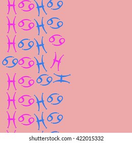 Seamless   vertical pattern  of zodiac signs, doodles, object,cancer, pisces, copy space. Hand drawn.