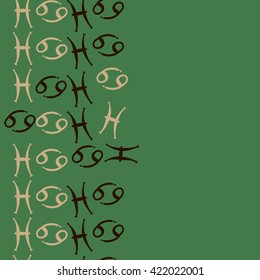 Seamless   vertical pattern  of zodiac signs, doodles, object,cancer, pisces, copy space. Hand drawn.