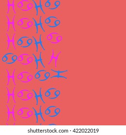 Seamless   vertical pattern  of zodiac signs, doodles, object,cancer, pisces, copy space. Hand drawn.