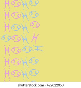 Seamless   vertical pattern  of zodiac signs, doodles, object,cancer, pisces, copy space. Hand drawn.