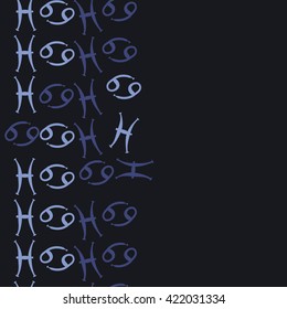 Seamless   vertical pattern  of zodiac signs, doodles, object,cancer, pisces, copy space. Hand drawn.